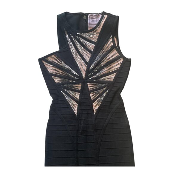 Herve Leger XS Black Bandage Sequin Embellished Bodycon Dress 35" Glam Party - Picture 1 of 9